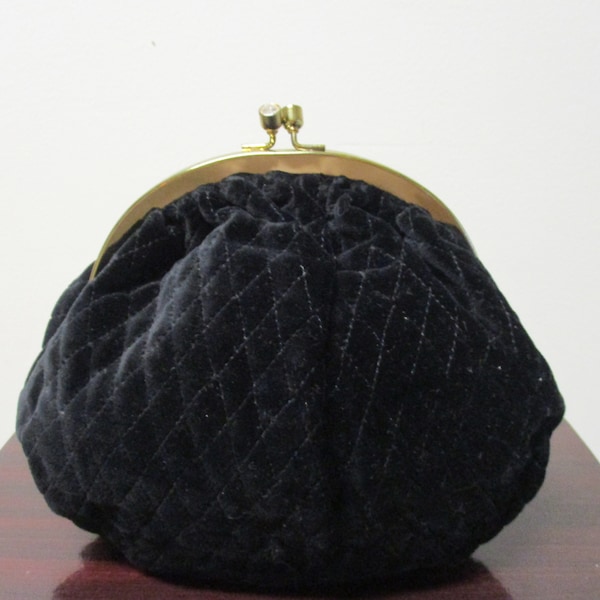 Round Black Velvet Clutch | Vintage Black and Gold Crossbody | Tufted Velvet Handbag | NOS