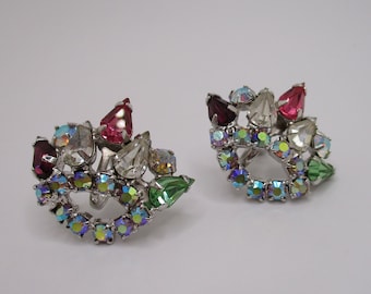 Vintage Silvertone Multicolor AB Crystal Rhinestone Tiaras Screw on Earrings