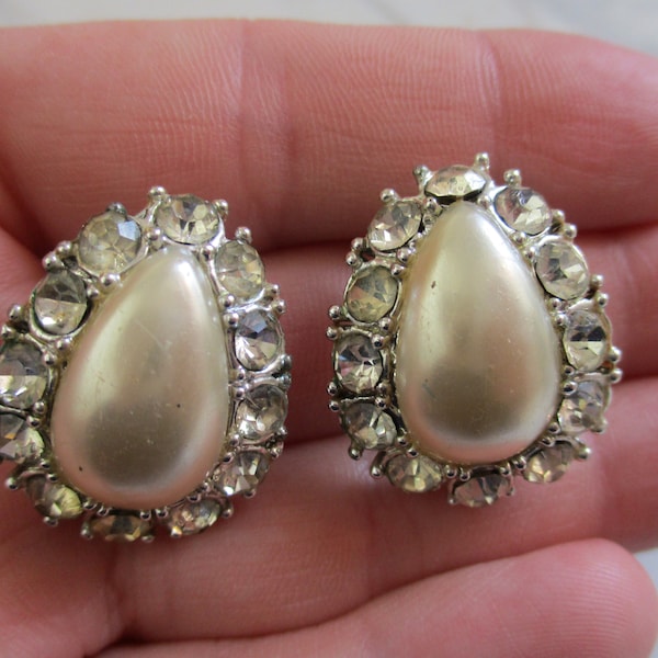 Vintage Coro Pearl Teardrop Clip Earrings | Diamond Halo around Pearl Silvertone Clip On Earrings | 1950s Coro Clip Earrings