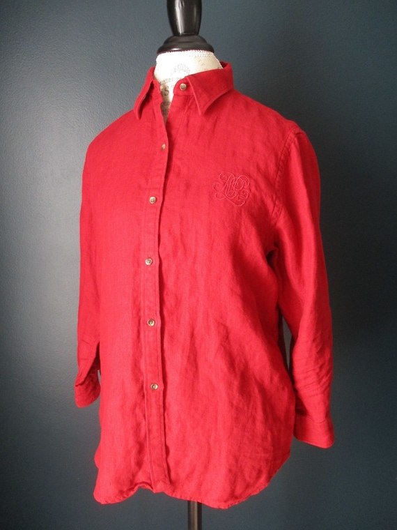 Vintage Ralph Lauren Red Linen Button Up Blouse | 