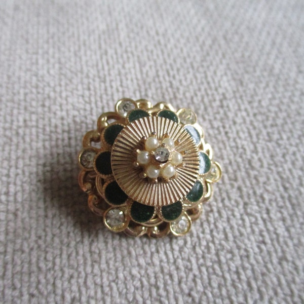 Vintage Small Coro Rhinestone Green Enamel Pin | 1930s Coro Seed Pearl and Faux Diamond Brooch | Tiny Victorian Revival Goldtone Brooch