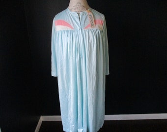 Vintage 80s Lorraine NOS Baby Blue and Pink Nylon Nightgown House Dress Robe Set Size Medium