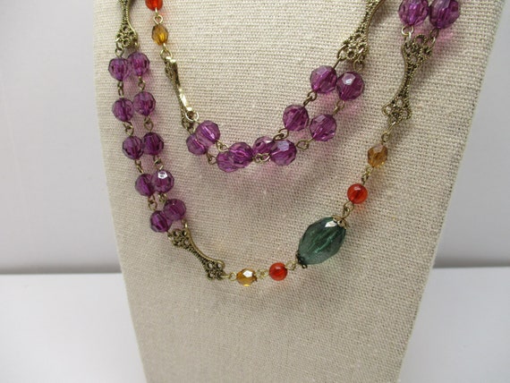 Vintage Goldtone Purple Red Green Beaded chain Li… - image 6