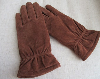 Vintage Medium Warm Brown Suede Leather Winter Gloves with Soft Lining Cinched Wrist Size 7