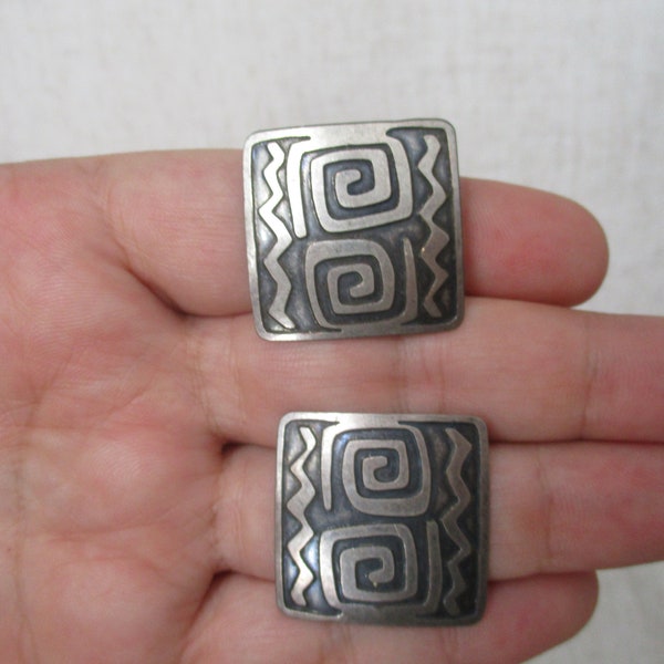 Vintage Sterling Look Aztec Southwest Domed Square Etched Pierced Earrings NF Chapal-Zenray