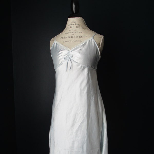 Vintage Icy Blue Silk Chemise | Pale Blue Silk Nightgown with Lace and Bow Details | Short Silk Chemise Light Baby Blue