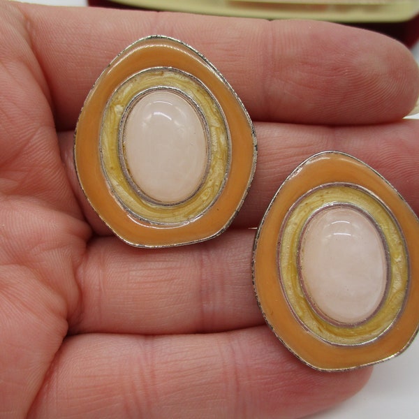 Vintage CELIA SEBIRI CS for Avon Silvertone Orange Yellow Enamel Milky Pink Cabochon Stone Abstract Pierced Earrings