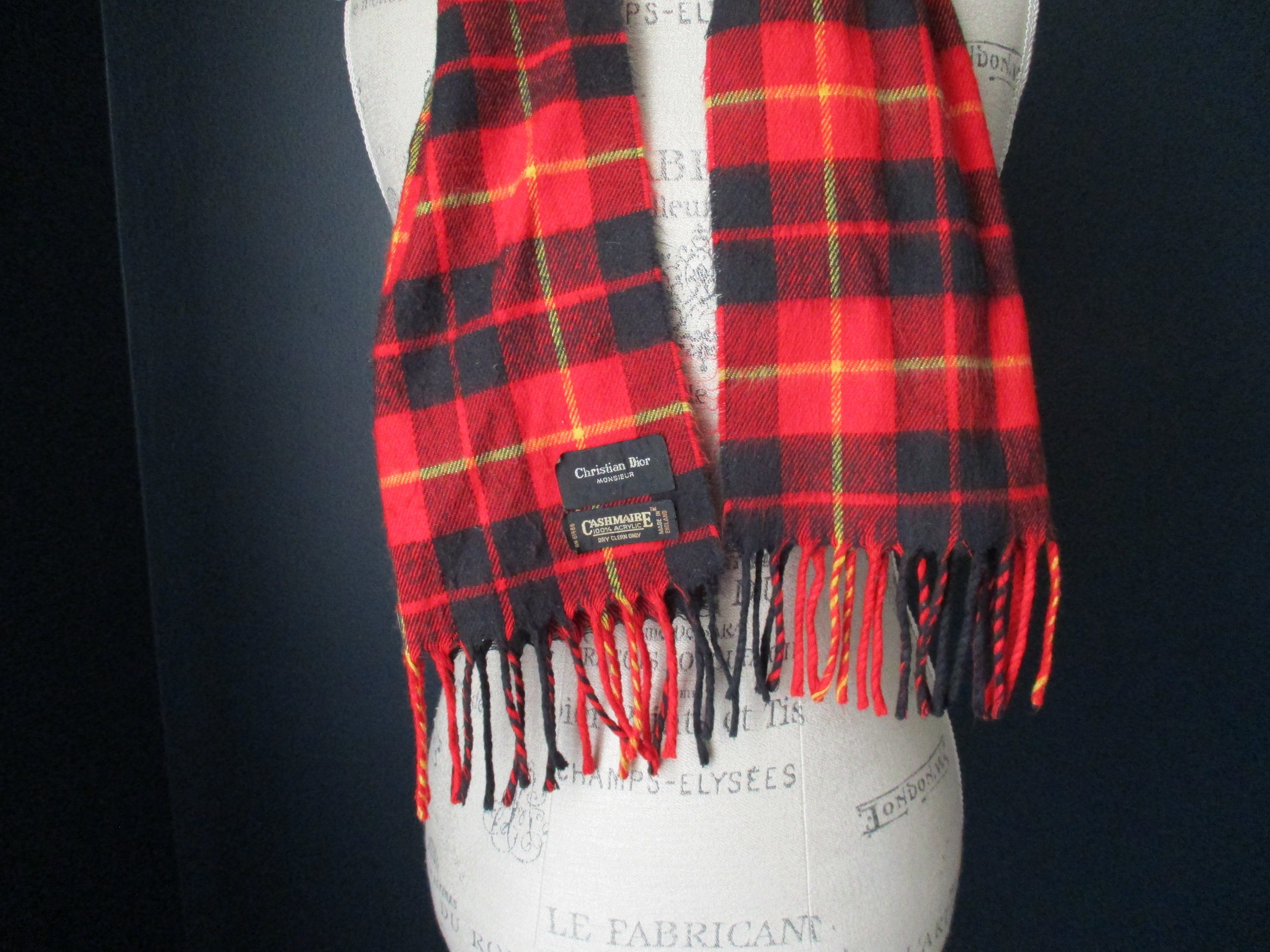 Vintage Christian Dior Monsieur Red Black Yellow Plaid Cashmair