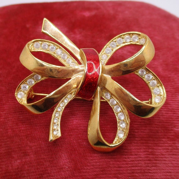 Vintage Roman Gold Tone Rhinestone and Red Enamel Ribbon Bow Brooch Pin
