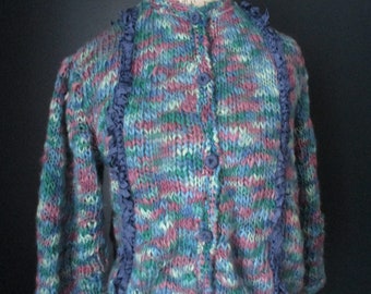Vintage Handmade Blue Purple Pink Yarn Open Knitted Button Up Long Sleeve Cardigan Size Small to Medium