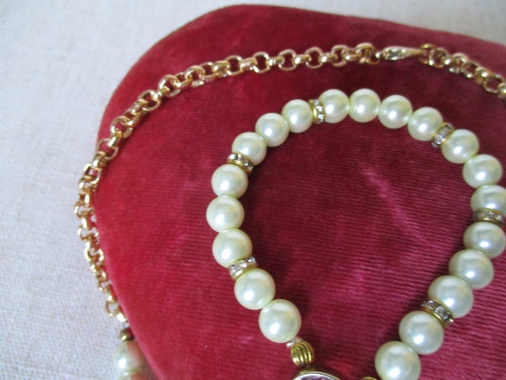 Vintage Pearl and Pink Stone Y2K Necklace and Str… - image 5