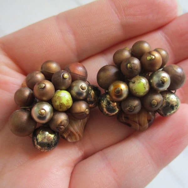 Vintage Brown Beaded Clip Earrings | Retro 50s Bronze and Gold Clip Earrings | West Germany Signed Clip On Earrings Glass and Beads Clip Ons