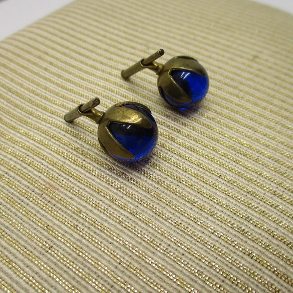 Vintage 20s 30s Art Deco Bronze Tone Blue Glass Marble Cufflinks