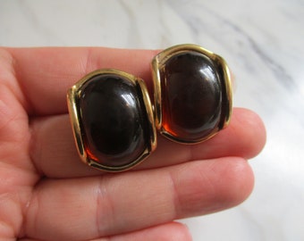 Vintage Trifari Amber Stone Pierced Earrings | Large Faux Amber Stone Gold Tone Earrings | Trifari 14 Earrings 1970s 1980s