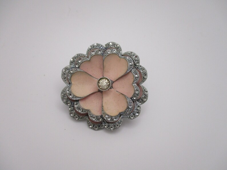 Vintage Czechoslovakia Silvertone Pink Enamel Flower Brooch image 1