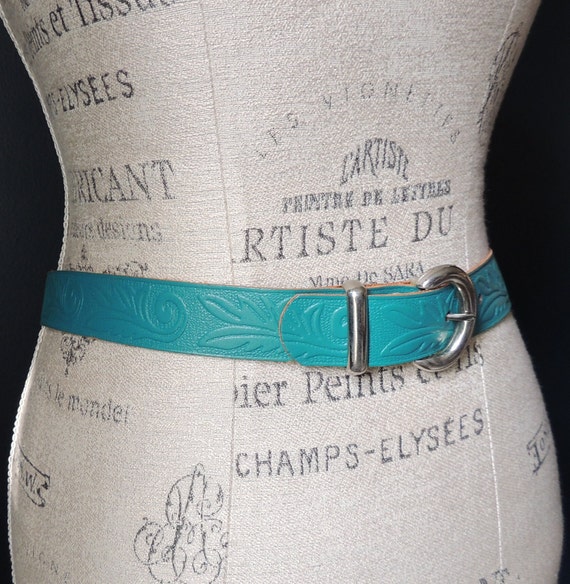 Vintage Dark Teal Floral Stamped Leather Belt wit… - image 6