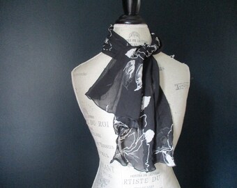 Vintage Dana Buchman Silky Black and White Floral Scarf | Long Black and White Designer Scarf