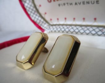 Vintage Givenchy Rectangle Cabochon Goldtone and Ivory Clip on Earrings