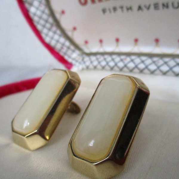 Vintage Givenchy Rectangle Cabochon Goldtone and Ivory Clip on Earrings