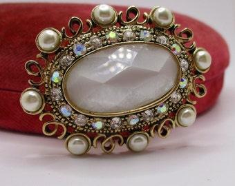 Vintage Monet Goldtone Filigree Pearl Rhinestone Faux Moonstone Victorian Revival Brooch