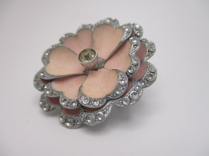 Vintage Czechoslovakia Silvertone Pink Enamel Flower Brooch image 3