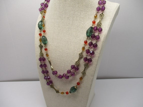 Vintage Goldtone Purple Red Green Beaded chain Li… - image 2