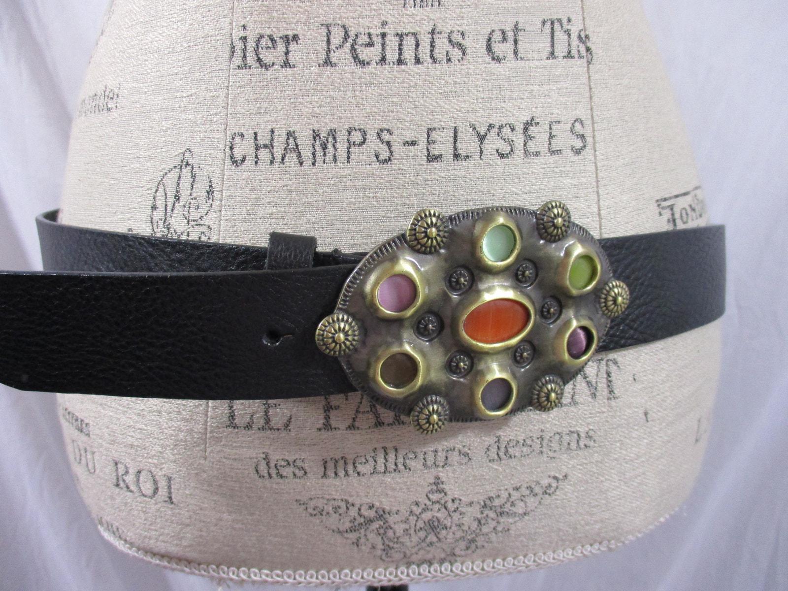 Adrienne Landau Studio Leather Belt Built in Buckle Stones Size Large Black EUC Adrienne Landau Studios Black leather belt with bejeweled  main image 2