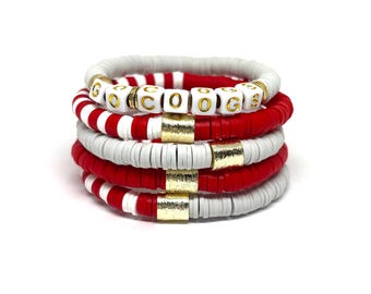 Houston Red and White game day Stack Bracelets/Heishi Clay Layering Bracelets/Game day Bracelets/Grad gift