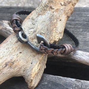 Men's Braided Leather Fish Hook Bracelet, Antique Silver Clasp