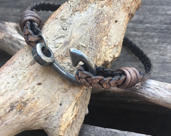 Men's Braided Leather Fish Hook Bracelet, Antique Silver Clasp