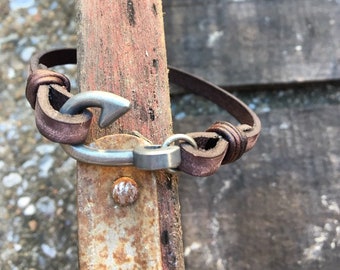 Men's Brown Leather Fish Hook Bracelet: Fisher of Men Collection