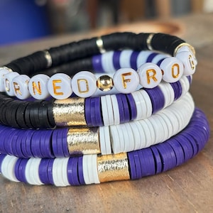 Heishi Clay TCU Bracelet College Stack/ 8mm Soft African Disc Bracelet/Purple/White/Stretch Bracelet/Lightweight/Stretch Bracelet