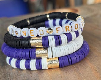 Heishi Clay TCU Bracelet College Stack/ 8mm Soft African Disc Bracelet/Purple/White/Stretch Bracelet/Lightweight/Stretch Bracelet