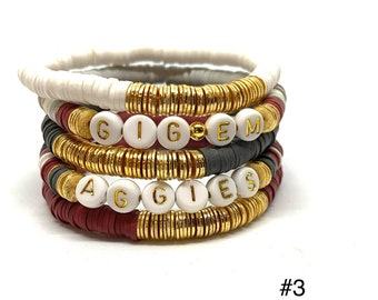 Heishi Spirit Stack AGGIE Bracelets/8mmHeishi Bracelet Maroon/Gold Bracelets/Soft African Vinyl Aggie Bracelets/Boho Chic/Layering Bracelets