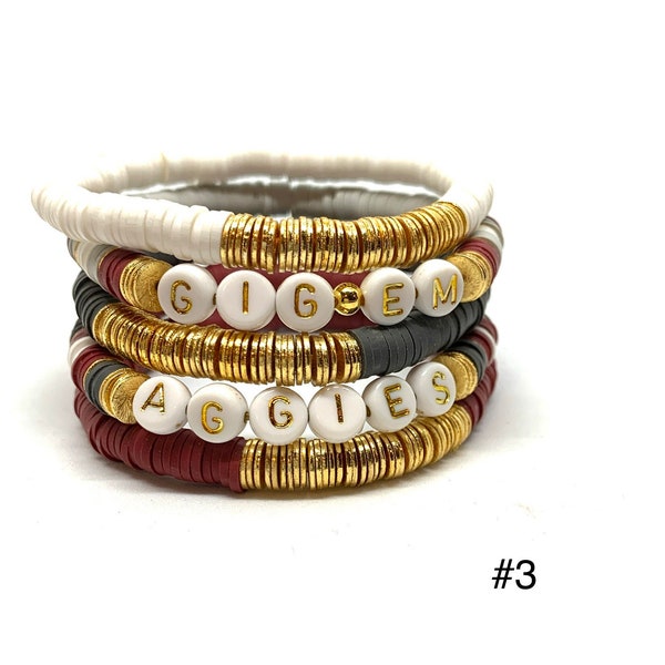 Heishi Spirit Stack AGGIE Bracelets/8mmHeishi Bracelet Maroon/Gold Bracelets/Soft African Vinyl Aggie Bracelets/Boho Chic/Layering Bracelets