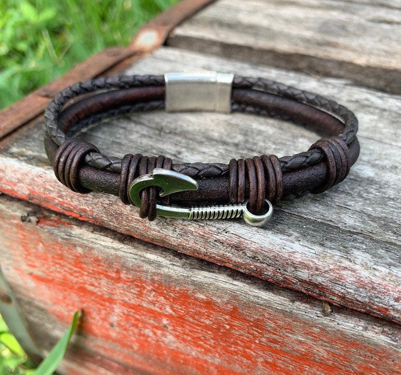 Gift for a Fisherman/ Fishhook Leather Bracelet/fisher of Men