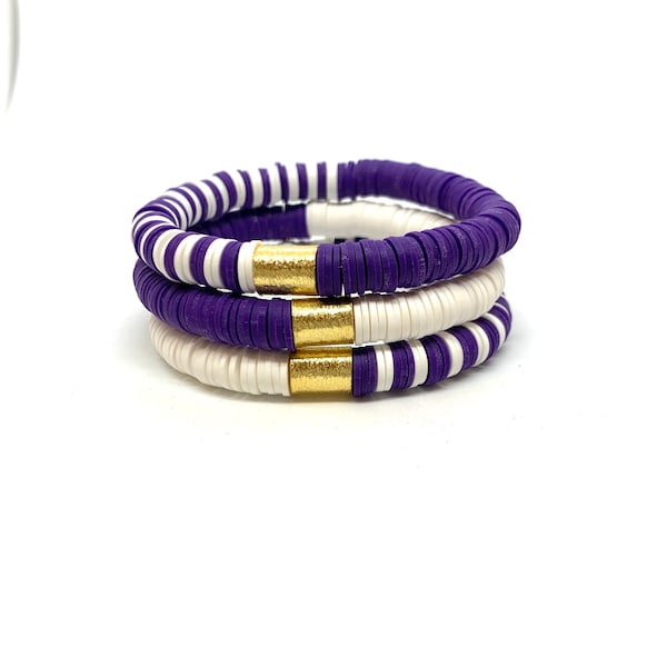 Heishi Clay TCU Bracelet College Stack/ 8mm Soft African Disc Bracelet/Purple/White/Stretch Bracelet/Lightweight/Stretch Bracelet