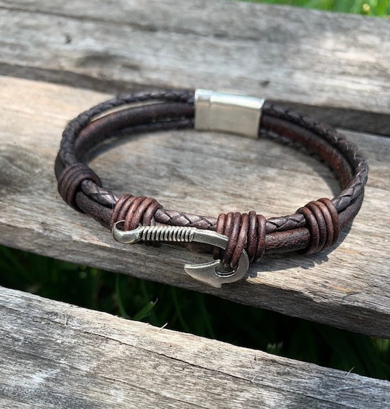 Gift for A Fisherman/ Fishhook Leather Bracelet/Fisher of Men Bracelet/Men's Leather Fishhook Hope Bracelet/ for Him/ Faith and Hope Bracele