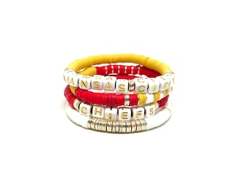 Kansas City Chiefs Clay Stack Bracelet with Gold/6mm Stack Soft African Kansas City Vinyl Bracelets/Heishi Vinyl Bracelet/Kansas City Chiefs