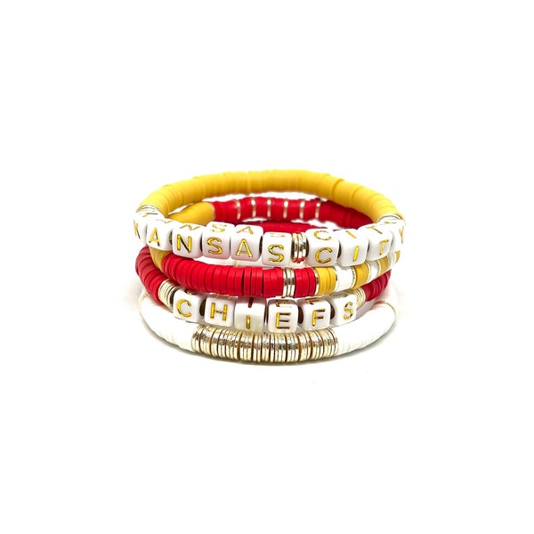 Kansas City Chiefs Clay Stack Bracelet with Gold/6mm Stack Soft African Kansas City Vinyl Bracelets/Heishi Vinyl Bracelet/Kansas City Chiefs