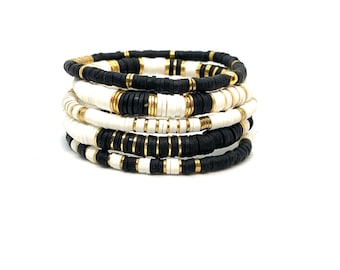 Heishi Black and White Bracelets/6mm and 4mm Bracelet Black/White/Gold Bracelets/Soft African Vinyl Bracelets/Boho Chic/Layering Bracelets
