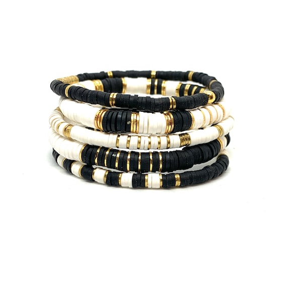 Heishi Black and White Bracelets/6mm and 4mm Bracelet Black/White/Gold Bracelets/Soft African Vinyl Bracelets/Boho Chic/Layering Bracelets