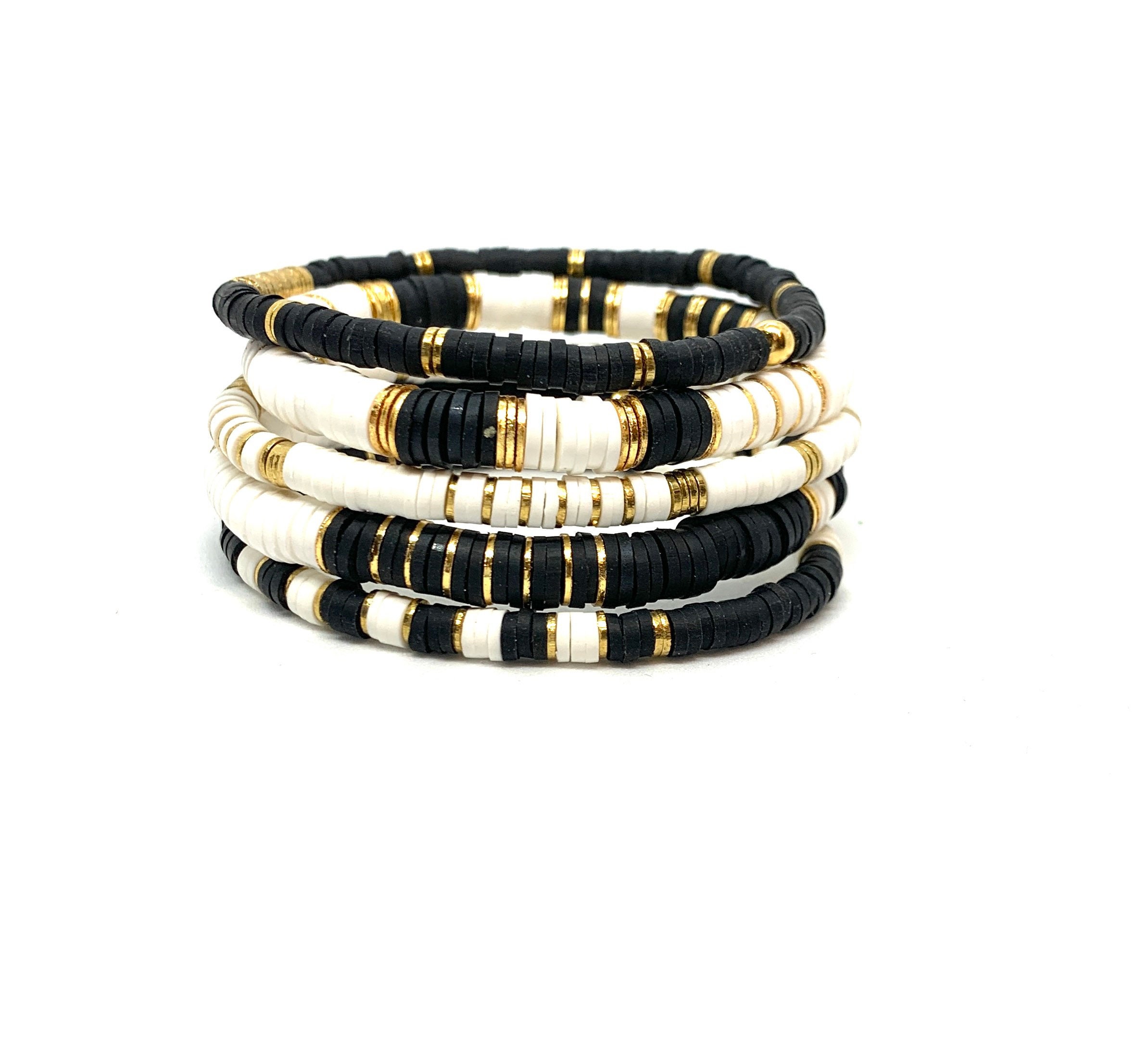 Black, White and Grey Clay with Gold and Silver Plated Bangle Beaded Stackable Bracelets, Brass Hoop Earrings, Boho Jewelry, Fun Jewelry