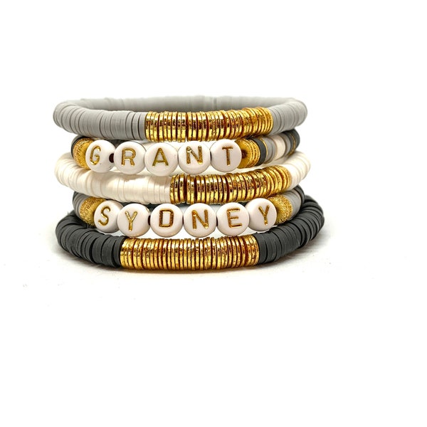 Personalized  Heishi Disc Bracelets/6mm Soft Gray African Filo Clay/White and Gold Letters/Layered Stretch Bracelets/