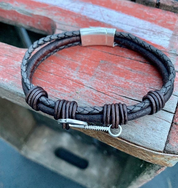 Gift for A Fisherman/ Fishhook Leather Bracelet/Fisher of Men Bracelet/Men's Leather Fishhook Hope Bracelet/ for Him/ Faith and Hope Bracele