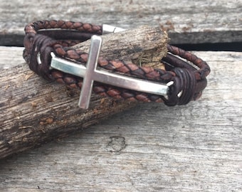 Mens Personalized Leather Engraved Cross Bracelet LG CROSS