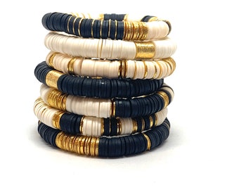 Heishi Disc Black and White Bracelets/8mmHeishi Bracelet Black/White/Gold Bracelets/Soft African Vinyl Bracelets/BohoChic/Layering Bracelets