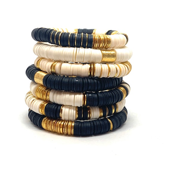 Heishi Disc Black and White Bracelets/8mmHeishi Bracelet Black/White/Gold Bracelets/Soft African Vinyl Bracelets/BohoChic/Layering Bracelets