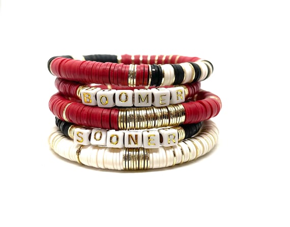 Heishi Spirit Stack Game Day Sooner Bracelet/8mm Heishi OU Bracelet /College Stack Bracelet/Soft African Vinyl OU Bracelets/