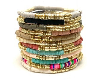 4mm Heishi And Gold disc Bracelet/Heishi skinny Bracelet/Rainbow and Gold 4mm Heishi Bracelet/Handmade Stacking Bracelet